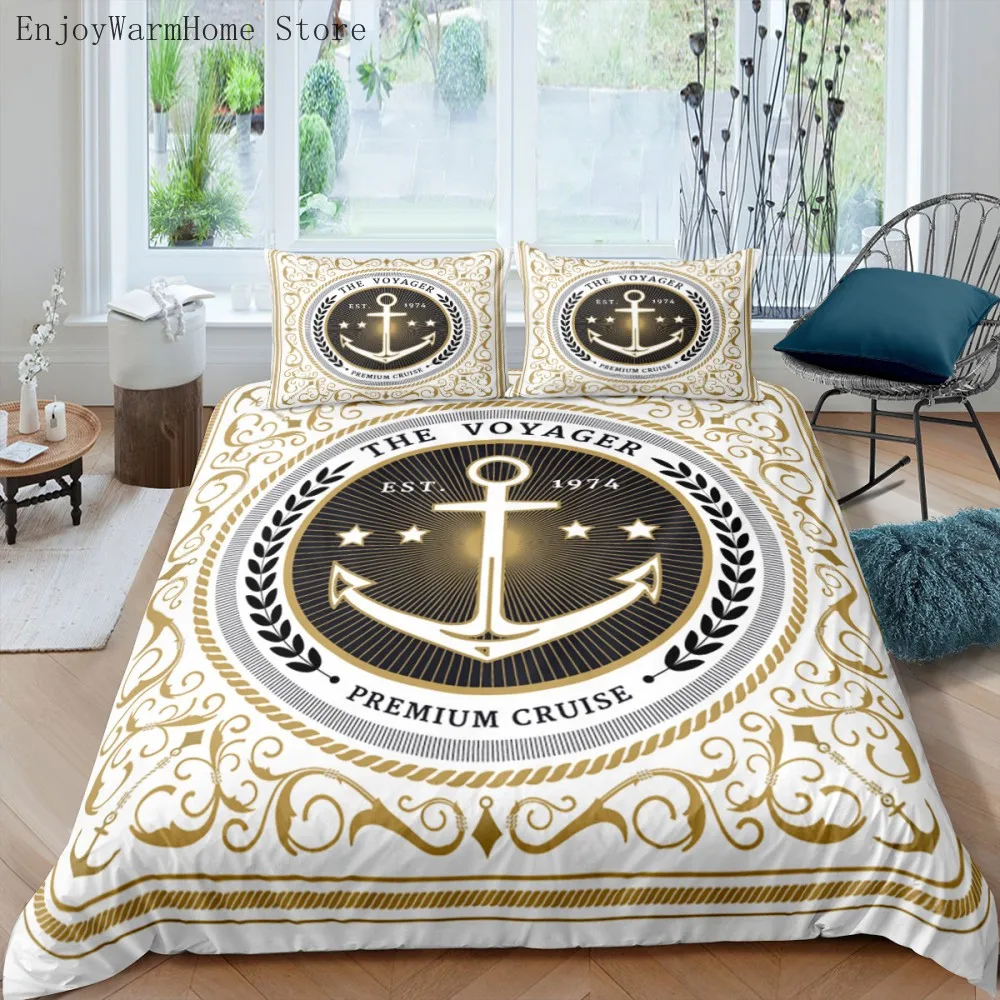 

Luxury 3D Gold Anchor Print Duvet Cover 2/3 Pcs Pillowcase Nautical Ocean Anchor Bedding Set Full Queen King Size Home Textiles