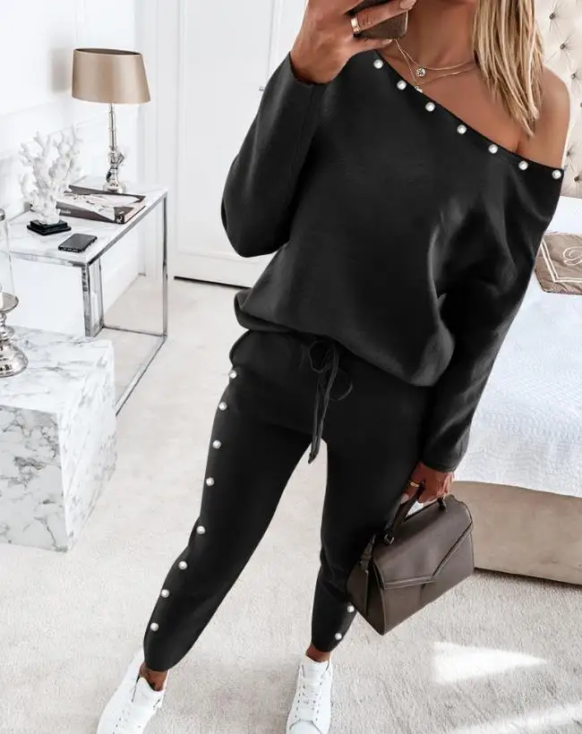 Conjunto Casual De 2 Piezas Para Mujer - Top De Hombros Descubiertos Y Pantalones Harén Holgados, Chándal Cómodo, Elástico En Cintura, Para Salir O Estar En Casa
