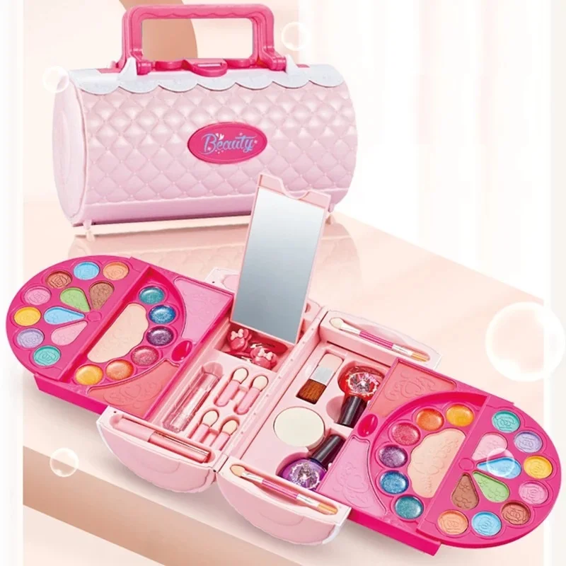 Portable DIY Kid Make Up Toy Beauty Safe Easy Remove Wash Cosmetic Nail Polish Palette Set Case Girl Pretend Gift for Toddler 4