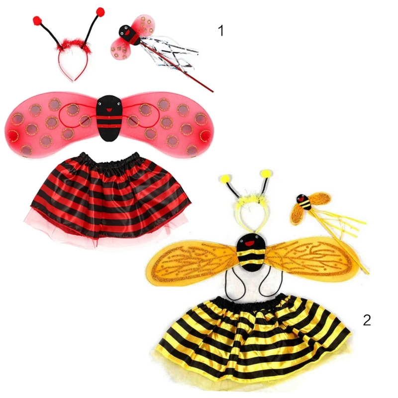 

Kid Cosplay Costume Bee Glitter Cute Wing Striped Layered Tutu Skirt Wand Headband Dress Up Halloween Performance Accessories