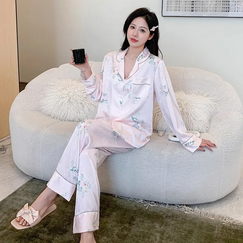 

New Ice Silk Pajamas Women's Spring and Autumn Simple Thin Outer Wearing Home Clothes High-end Fashionable Summer suit