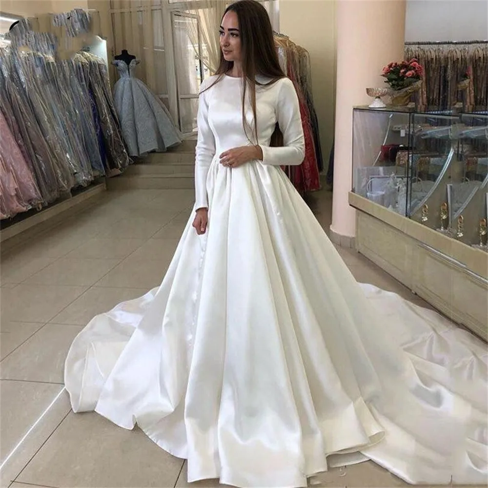 

Elegant Scoop Neck Wedding Dresses For Women A Line Satin Long Sleeves Muslim Bridal Gown Long Train Pleat Vestidos De Novia