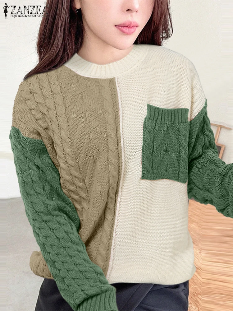 Autumn Patchwork Sweaters Women Pullovers Long Sleeve Winter