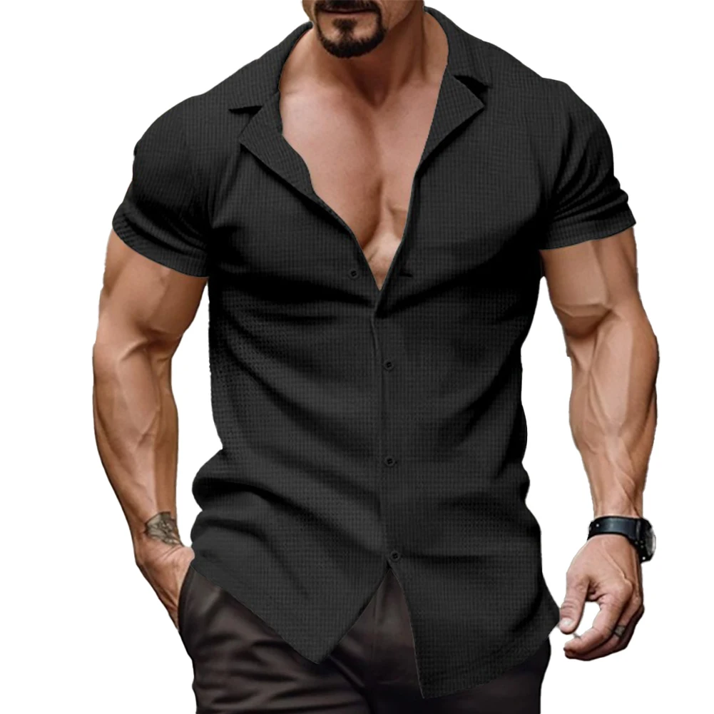 

Comfy Fashion Hot New Stylish Blouse Men's Shirt Button Cardigan Lapel Short Sleeve Slight Stretch Solid Color