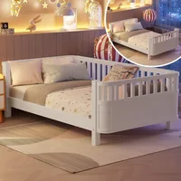 Twin Size Kids Bed with Rails, Wooden Low Beds Frame with Slats Support, Modern Twin Daybed with Detachable Side Rails 1