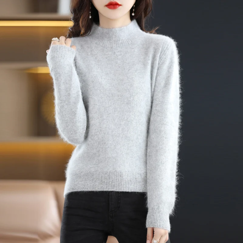 여성용 밍크 벨벳 스웨터, 세미 하이 칼라 풀오버, 캐주얼 뜨게 패션, 루즈 탑, 한국 버전, 100% 가을 및 겨울 신상
