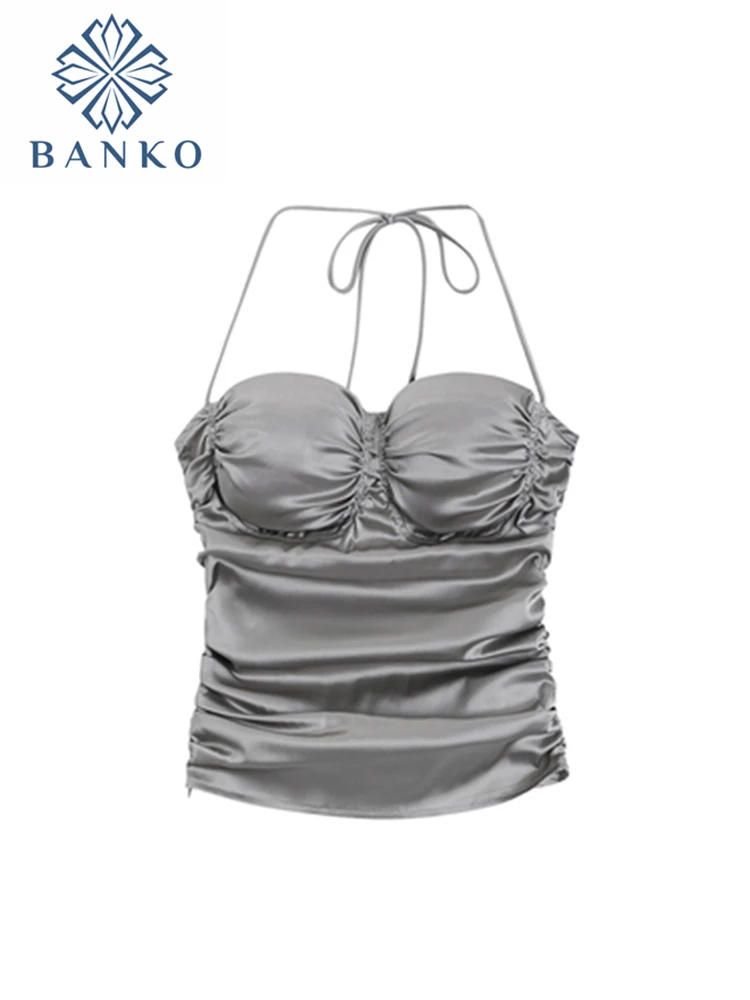 Кроп-топ женский серебристый Шелковый базовый пикантный жилет халтер без