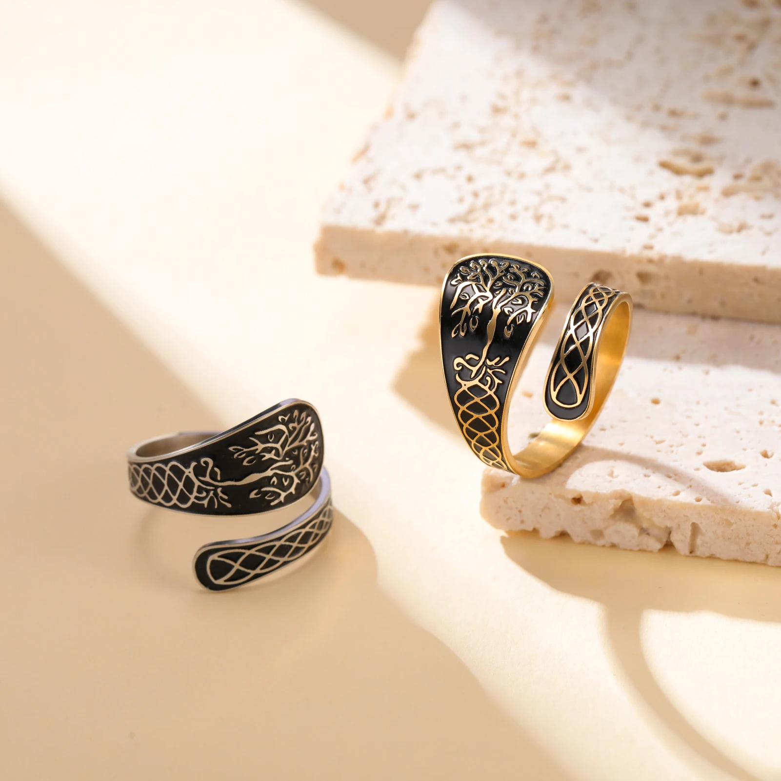 Cooltime Vintage Baum des Lebens Edelstahl Ringe Schmuck Keltischer Knoten Talisman Löffel Gold Farbe Manschettenring für Frauen Männer – Detail 7