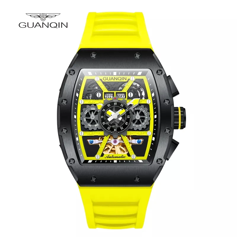 GUANQIN Design Automatic Mechanical Male Watch Hollow Tourbillon Luxury Business Brand Sapphire Clock Rubber Strap Waterproof