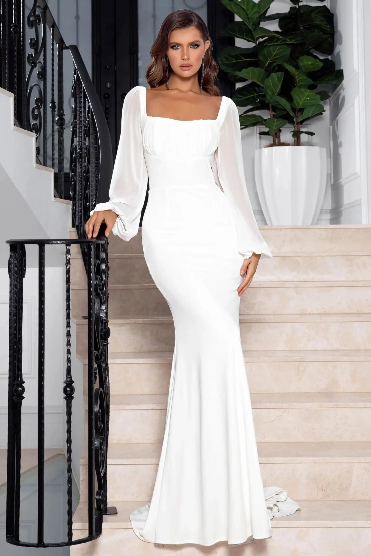 Elegant Square Neck High Waist Slim Evening Dresses Fashionable Chiffon Long Sleeve Womens Dresses White Temperament Party Dress