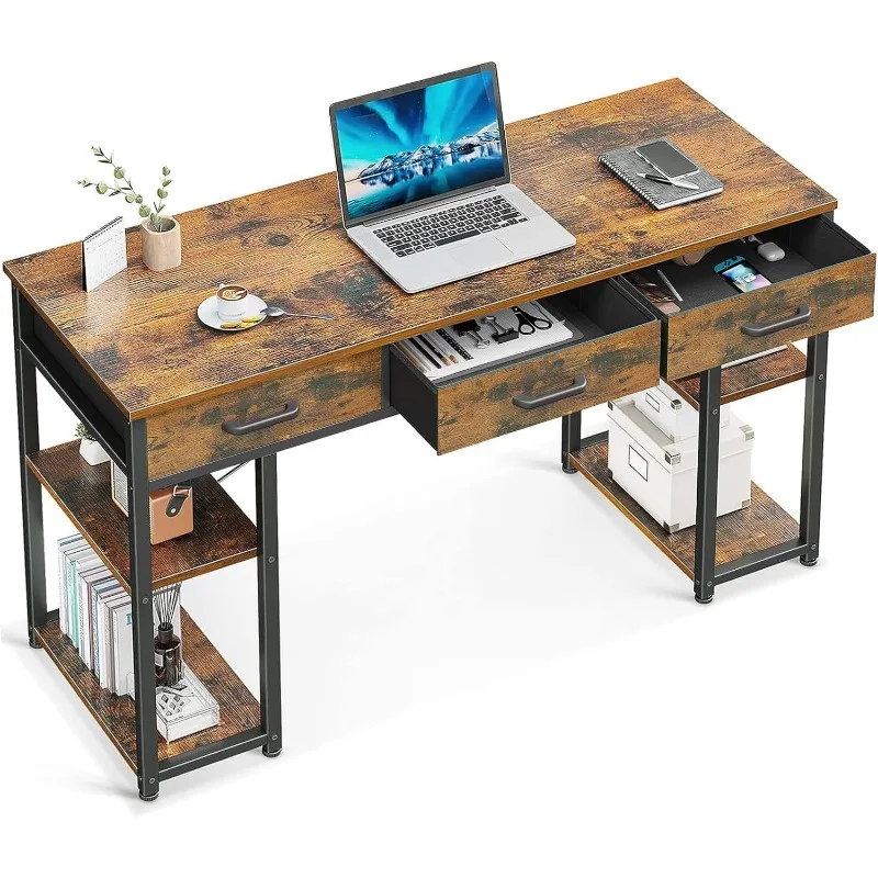 Office Small Computer Desk: Home Table with Fabric Drawers & Storage Shelves, Modern Writing Desk