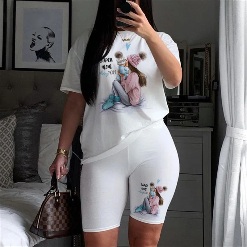 настенная плитка fap ceramiche summer track sabbia rt fpjg 30 5x91 5 Women Two Piece Set Super Mom Tshirts & Shorts Set Summer Short Sleeve Jogging Biker Shorts Sexy Outfit For Woman Track Suit