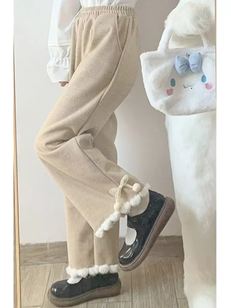 HOUZHOU Japanese Kawaii Pants Women Wide Leg Cute Sweatpants Sweet Harajuku  Lolita Vintage Baggy White Trousers with Bow Winter - AliExpress