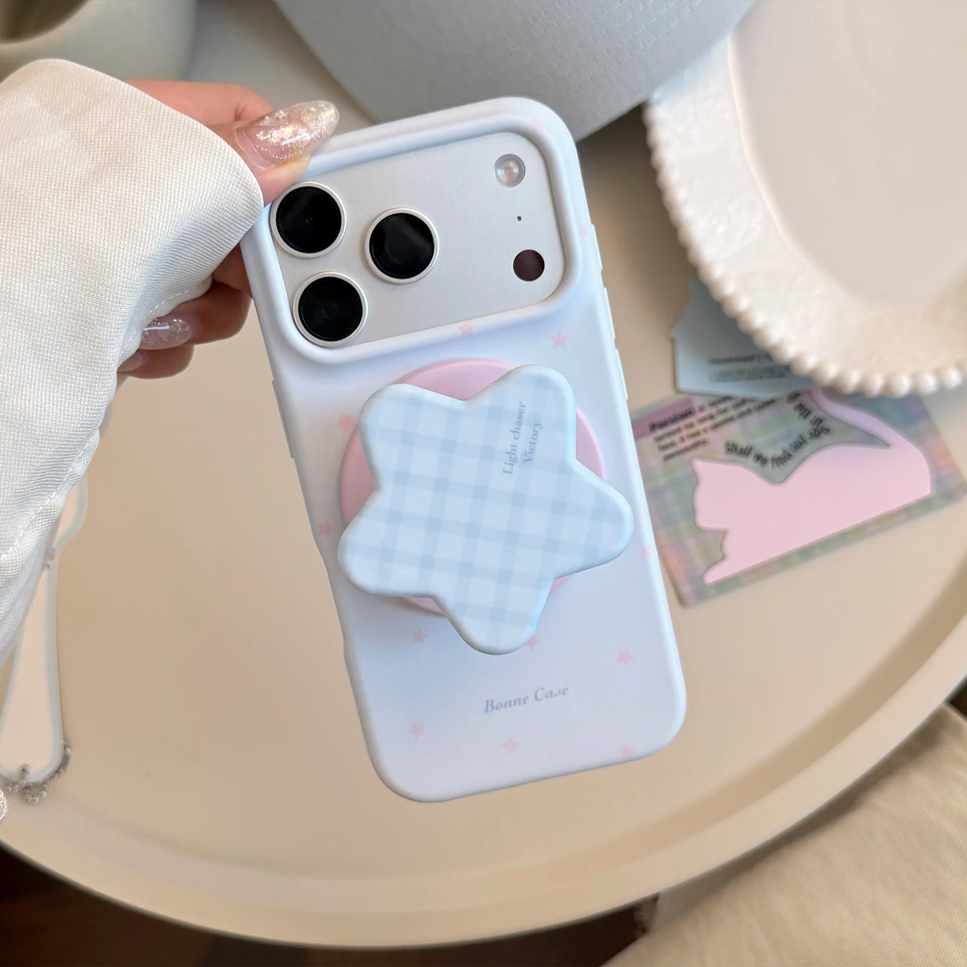 Korean Blue Grid Pattern Stars Magnetic Bracket Phone Case - Shockproof Protective Soft Cover