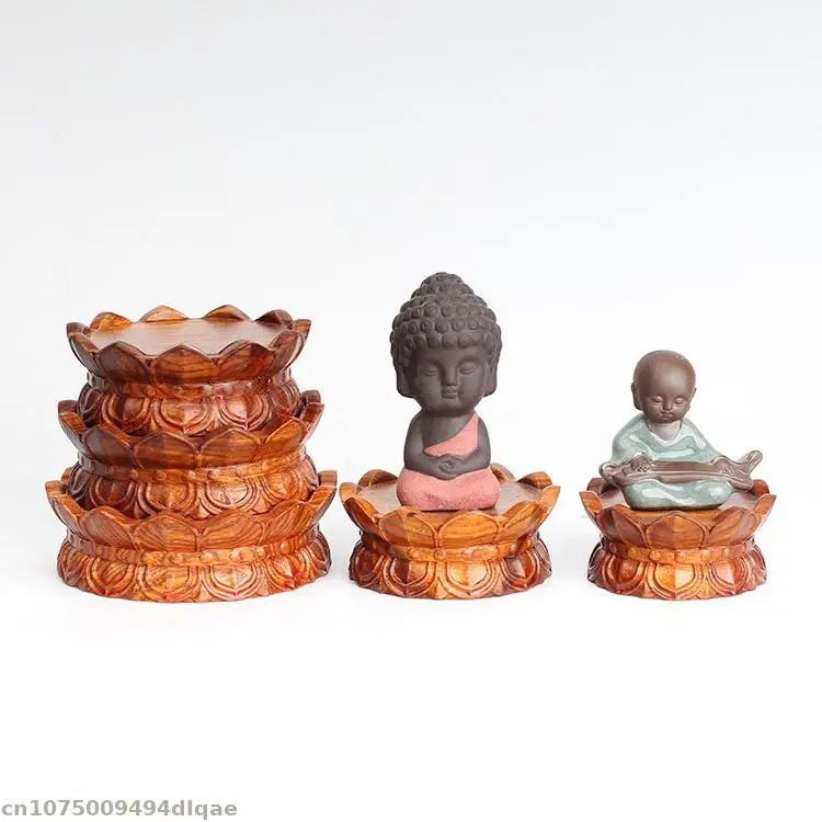 Natural Solid Wood Lotus Pedestal Crafts Vase Coffee Tea Display Stand Woodcarving Buddha Guanyin Bodhisattva Altar Table Base