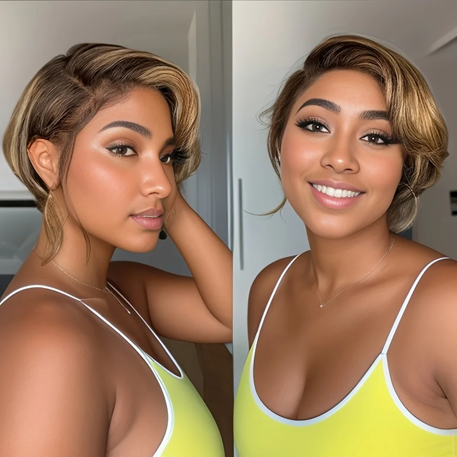 Short Pixie Cut Bob Wig Transparent 13X4 Lace Frontal Wavy Human Hair Wigs For Women Highlight Wig PrePlucked Hairline