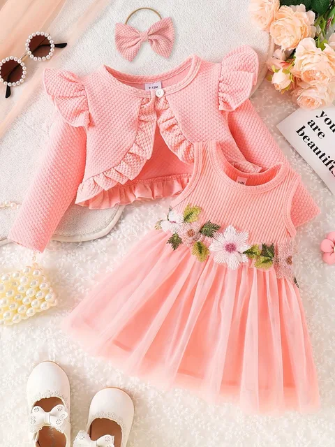 Baby Girl Summer Waist Flower Tank Top Mesh Dress+Same Color Coat and Same Color Hair Accessories Sweet Set 1