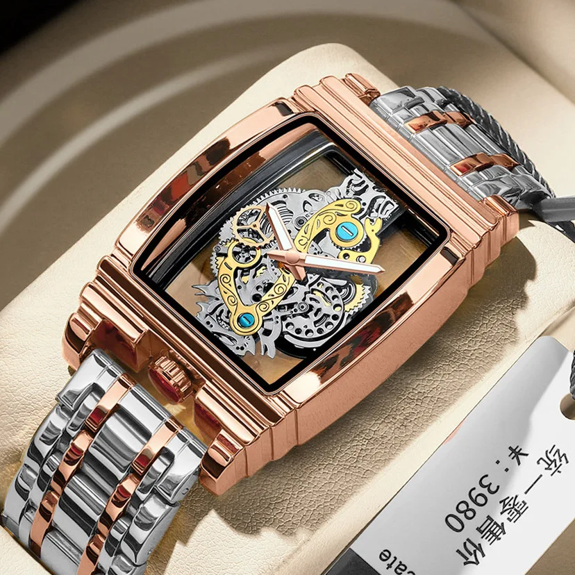 

Fashion Brand Men's Quartz Watch Hollowed Out Barrel Shaped Stainless Steel Strap Waterproof Clock Male's Business Wristwatch