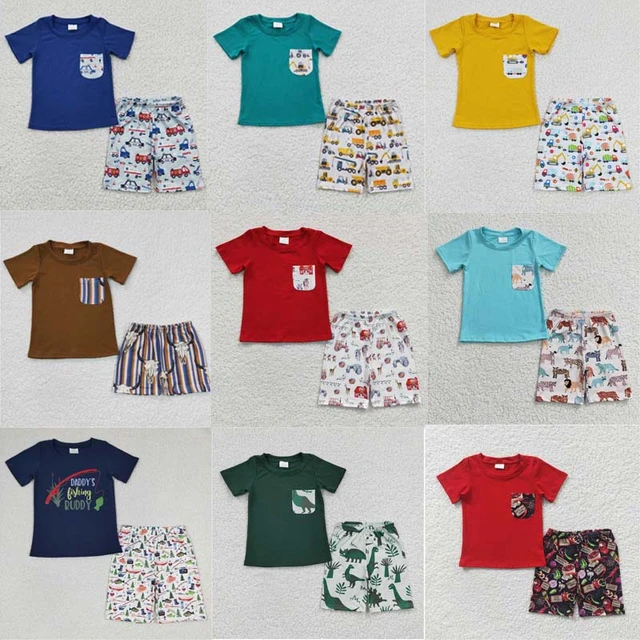 Wholesale Baby Boy Summer Set Children Short Sleeves Cotton Pocket Shirt  Tee Toddler Infant Shorts Kids New Boutique Outfit