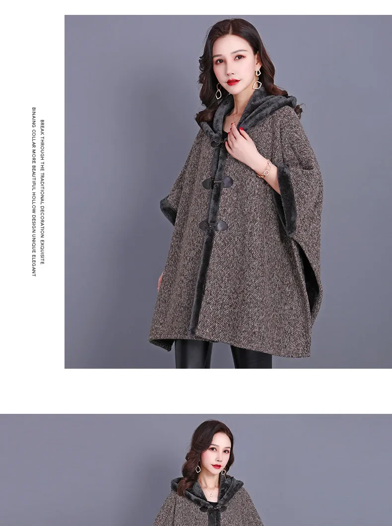 Description Picture 5 of item5 Color Women Winter Thick Warm Cloak Loose Horn Button Poncho Hat Big Pendulum Cape Oversize Cloak Long Coat With Velvet Lining