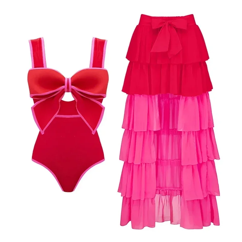 2024 New Women Vintage 3D Bow-tie One Piece Swimsuit Set Vacation  Swimwear Beachwear Bathing Suit Bikini Monokini  Bodysuit
