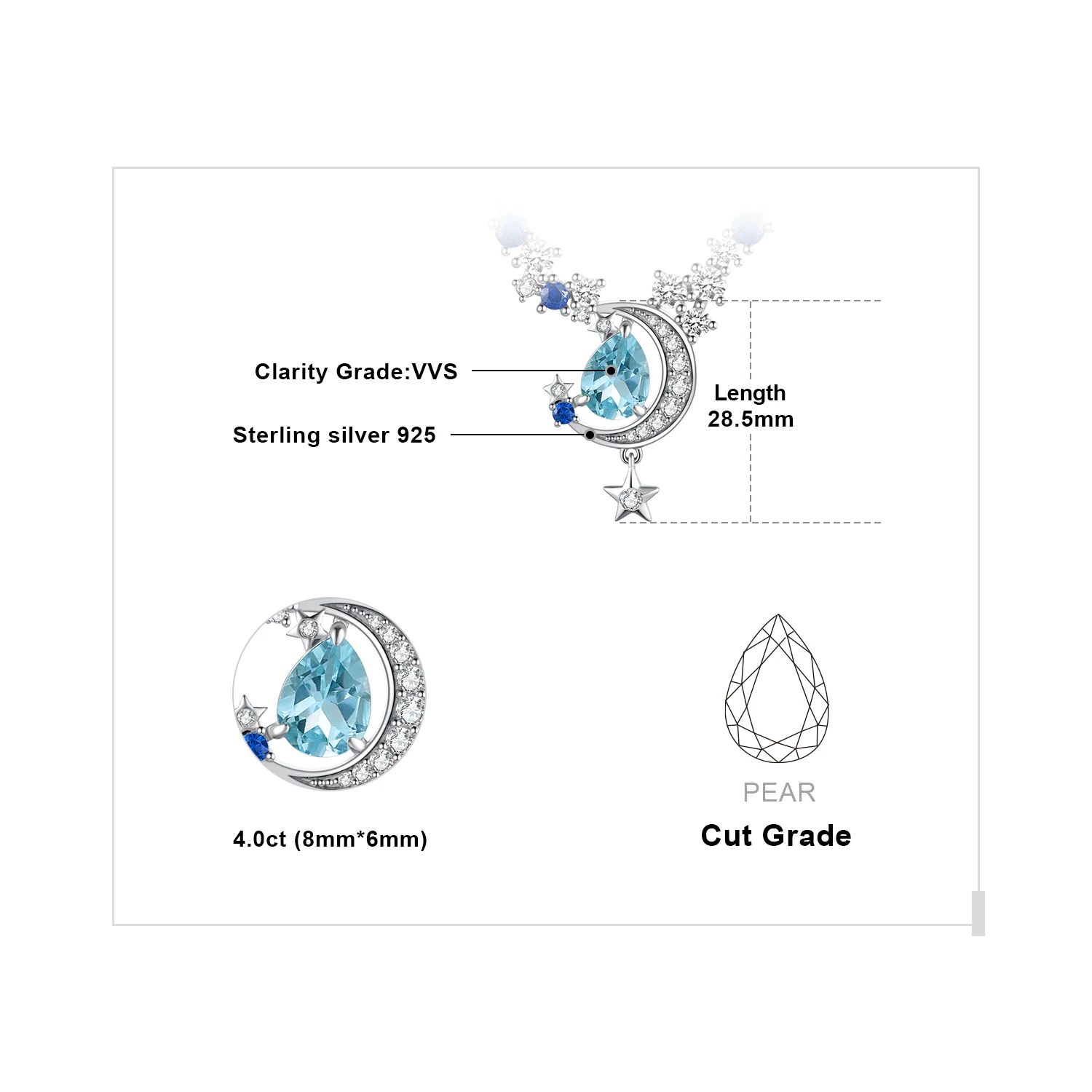 JewelryPalace New Moon Star 여성용 진짜 스카이 블루 토파즈, 사파이어 펜던트 목걸이, 45cm, 4.5ct