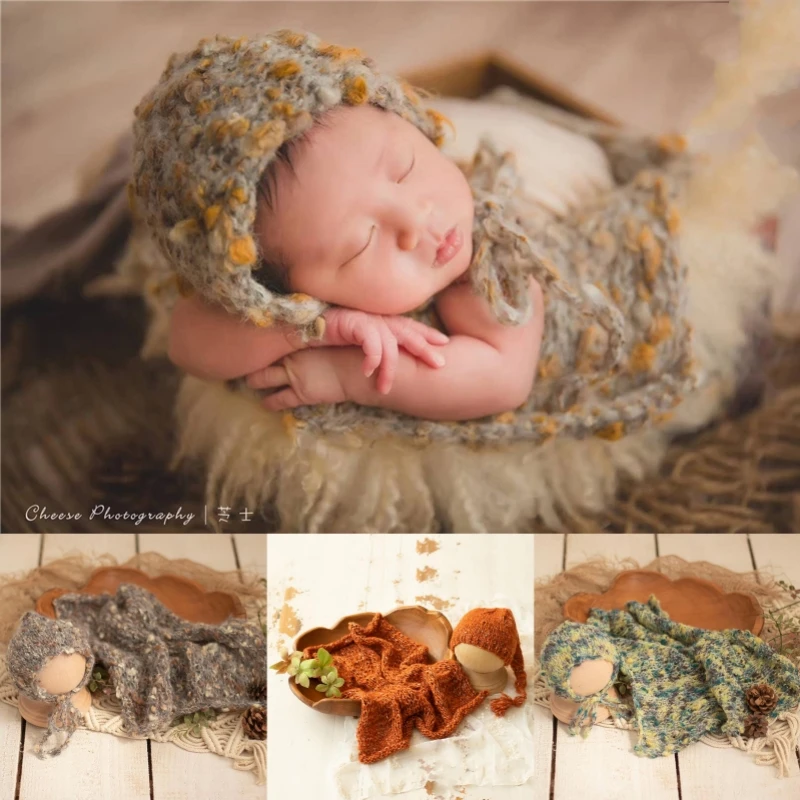 Dvotinst Newborn Photography Props for Baby Soft Knitted Wrap Mat Hat 2pcs Set Bonnet Studio Shooting Fotografia Photo Props