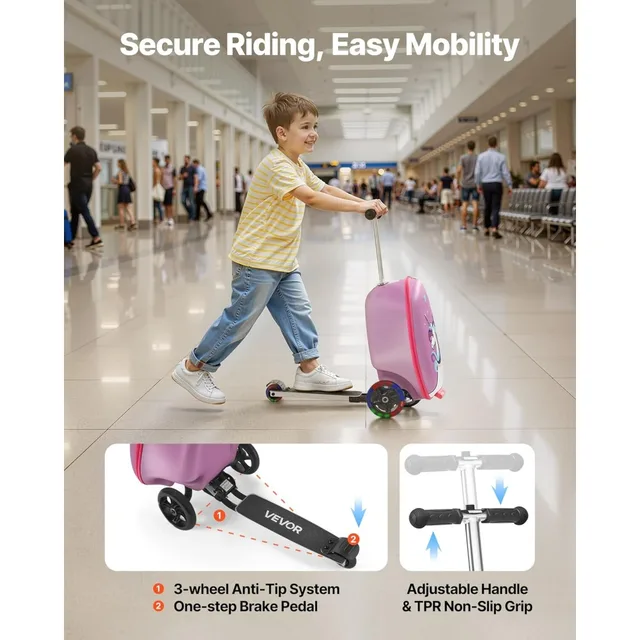 20L 20 Inch Purple Kids Ride-on Luggage Scooter Suitcase Flash PU Wheels Adjustable Handle TPR Grip Foldable for 5+ Kids Travel