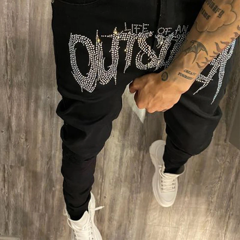 New Men's Trend Casual Black Ripped Jeans High Waist Hot Drill Street Comfort Soft Slim Stretch Washed Punk Denim Pencil Pants