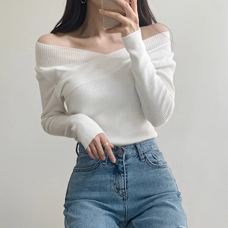 

Women Sweater Knitted Pullovers Autumn Winter V-neck Slim Fit Bottoming Shirt Soft Knitwear Jumpers Basic Sweaters Off Shoulder