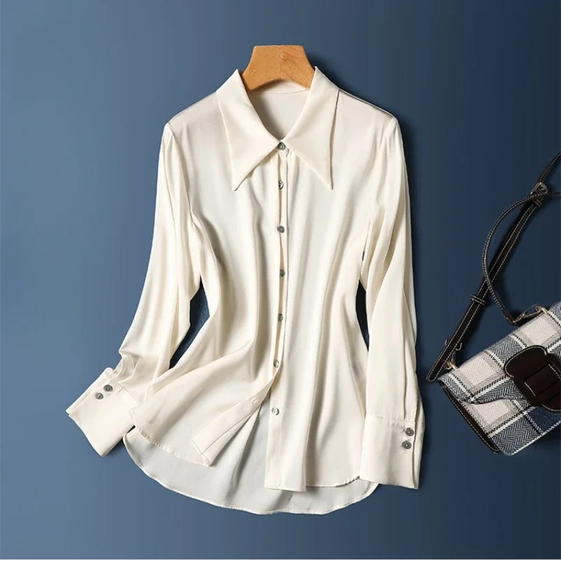 

YCMYUNYAN-Women's Satin Loose Shirts, Solid Silk Blouses, Vintage Ladies Clothing, Fashion Tops, Spring, Summer