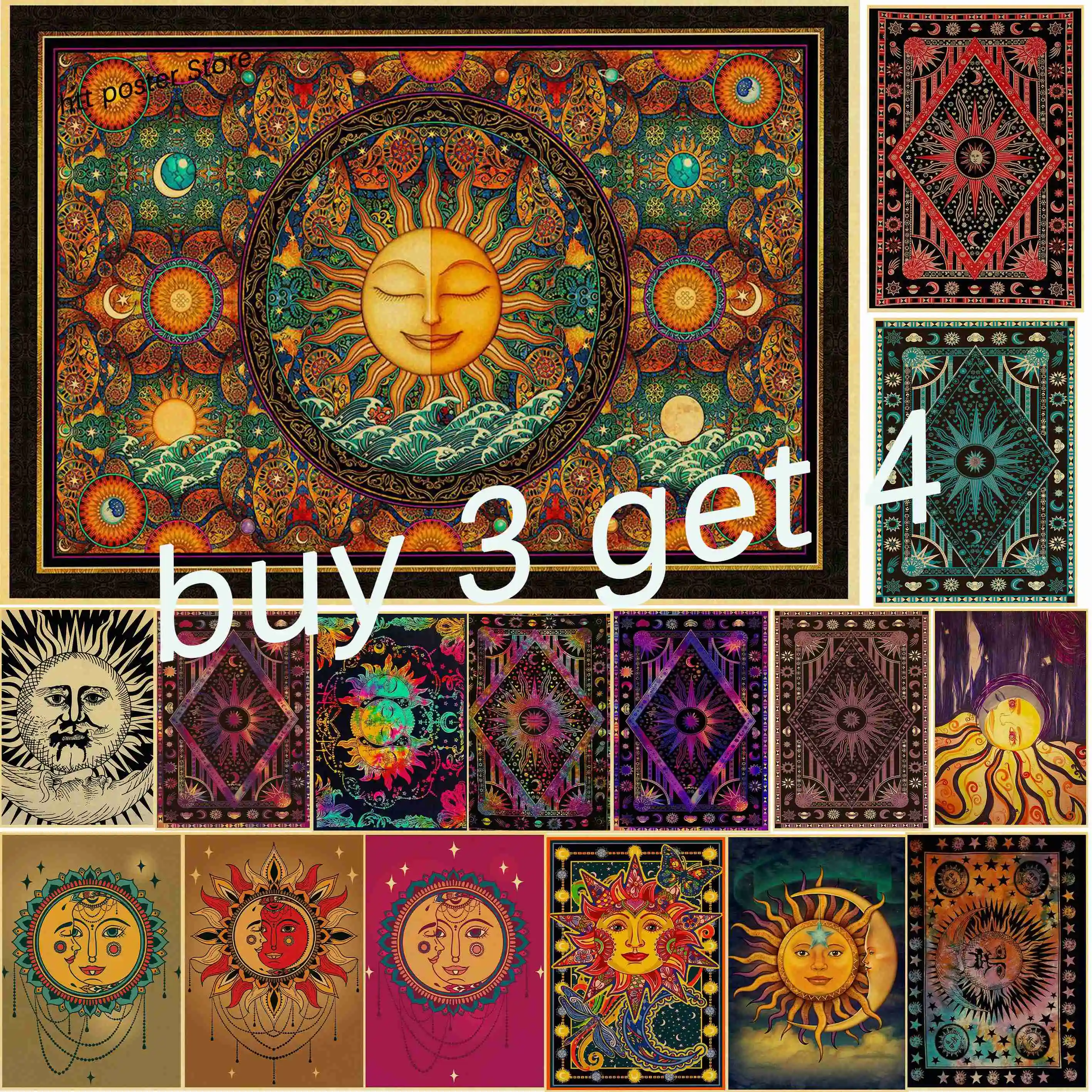 

Vintage Retro Poster Burning Sun Celestial Sun Moon Star Bohemian Poster Tarot Wall Hanging Boho Hippie Hippy Bra decor poster