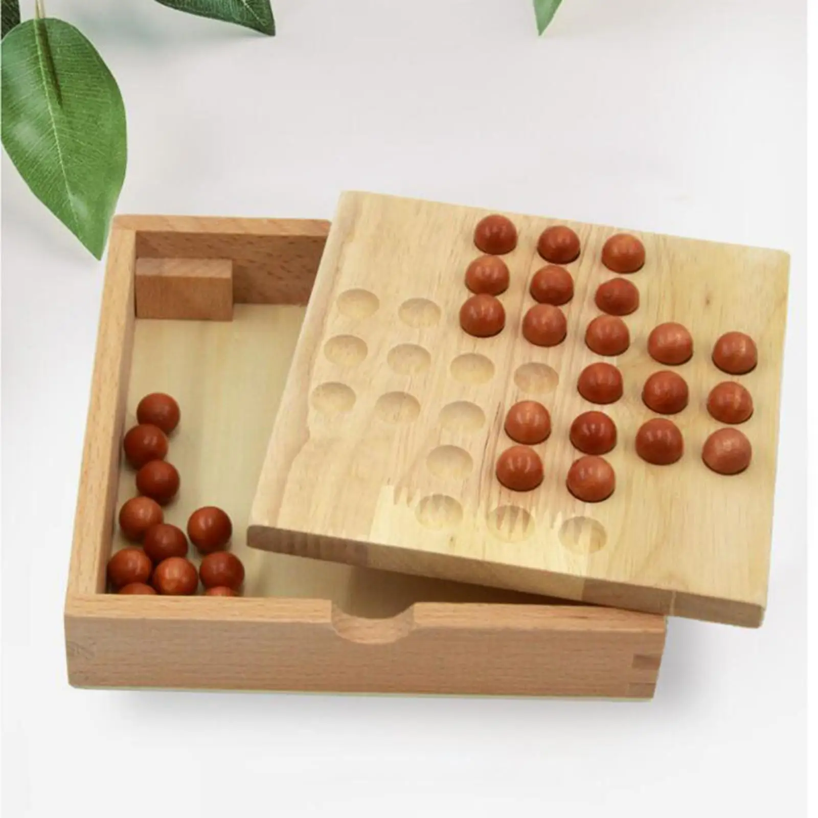Wood Peg Solitaire Board Game with 33 Glass Balls Pegs for Adults Kids