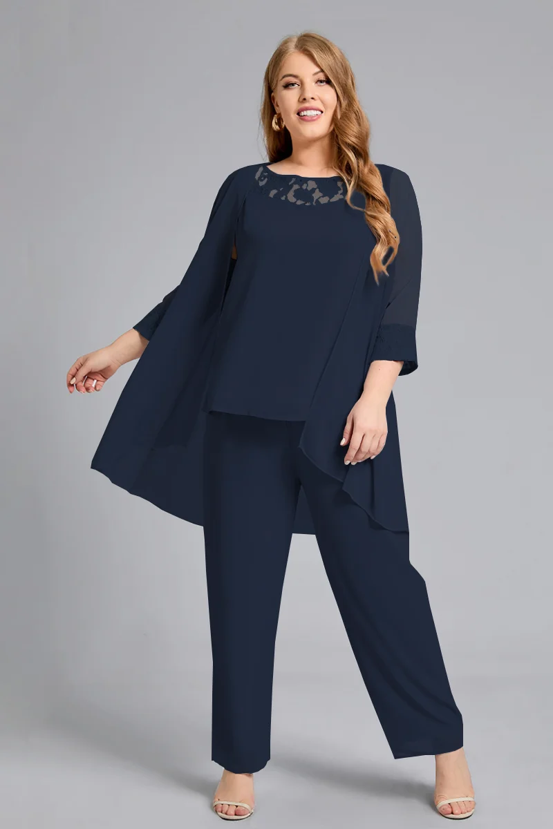 

Plus Size Mother of the Bride Mesh Pant Suit Three Pieces Set Pant Suits Outfit Sets for Wedding Guest Evening Party Gown