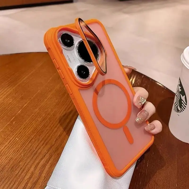 Magnetic Matte Transparent Acrylic Phone Case with Camera Protection and Stand