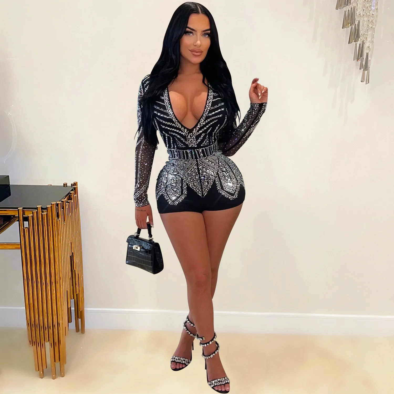 Luxury Deep V-neck Mesh Long Sleeve Night Club Party Romper Birthday Outfits Women Sparkly Diamonds Rhinestone Jumpsuit jumpsuit elegant sheer mesh patch rhinestone 2023 autumn spring woman long jumpsuits female temperament clothing outfits