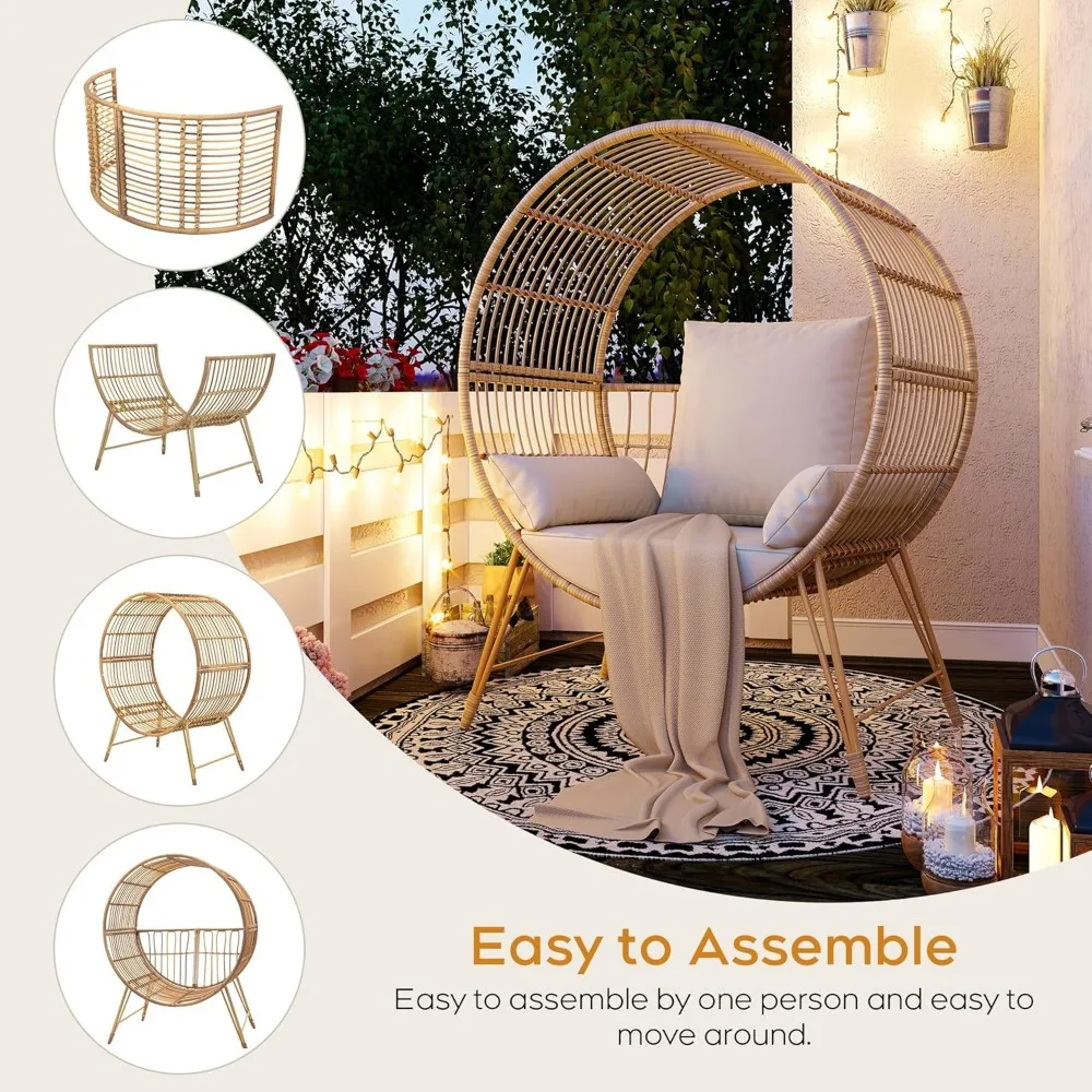 Outdoor Egg Chair, Oversized Wicker Patio Chairs with 6.69'' Cushions,350LBS Capacity, Indoor Round Rattan Nest Chair with Stand 6