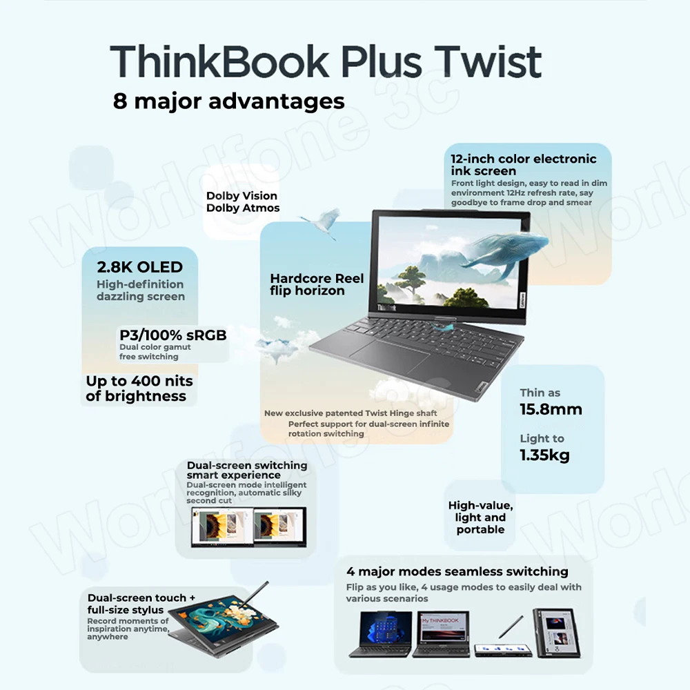 레노버 씽크북 플러스 트위스트 2023 노트북, 인텔 i7-1355U, 13.3 인치, 2.8K OLED 터치 스크린 + 12 인치 플립 듀얼 스크린, 슬림 노트북 PC