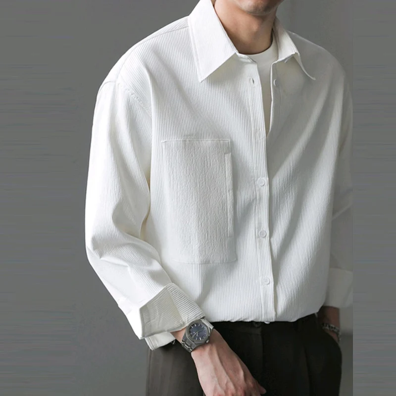 

Streetwear Shirts Mens Vintage Patch Pocket Lapel Buttoned Loose Shirt For Men Spring New Fashion Solid Color Oversize Shirts