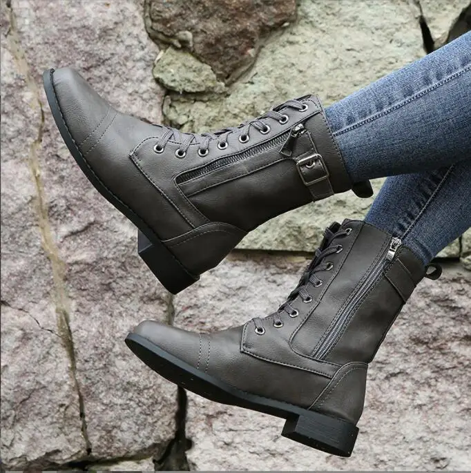 New Platform Shoes Women Boots Round Toe Zipper Spring Autumn Fashion Ankle Female Flat  boots for ladies Black Boots Large size