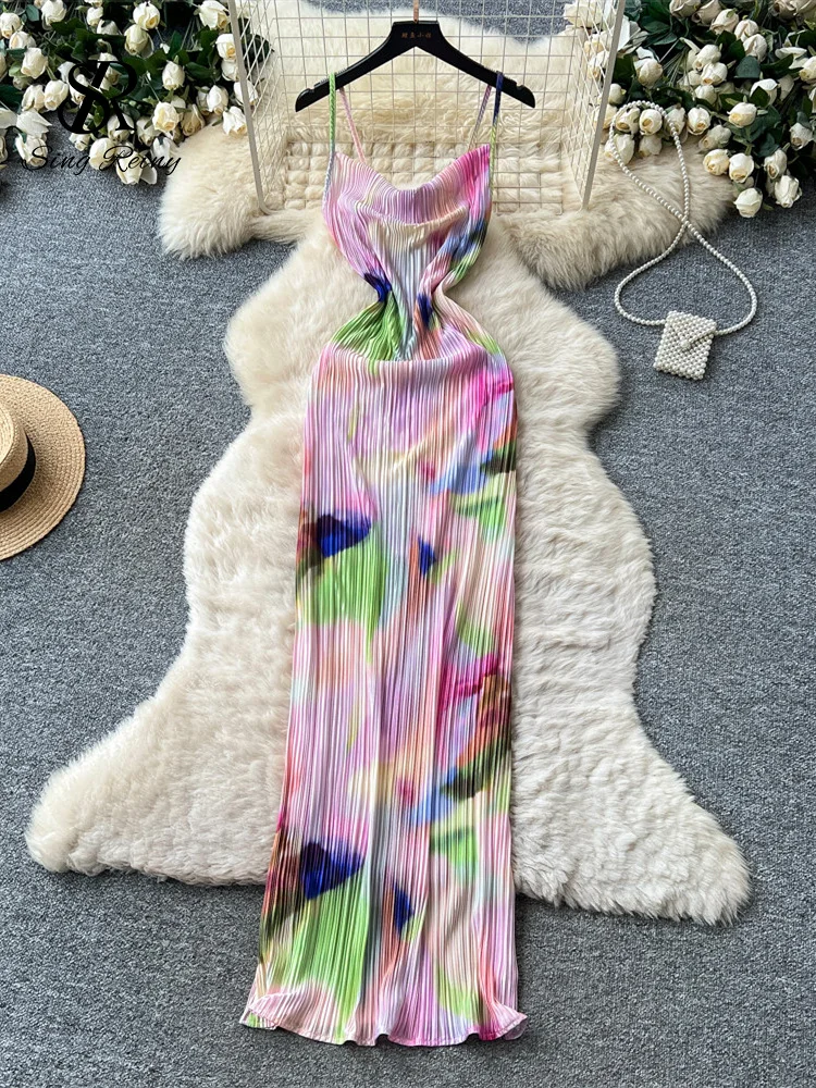 SINGREINY Tie Dye Slip Dress Female French Style Backless Straight Slim Hot Girl Vacation Summer Sexy Pleated Bodycon Long Dress