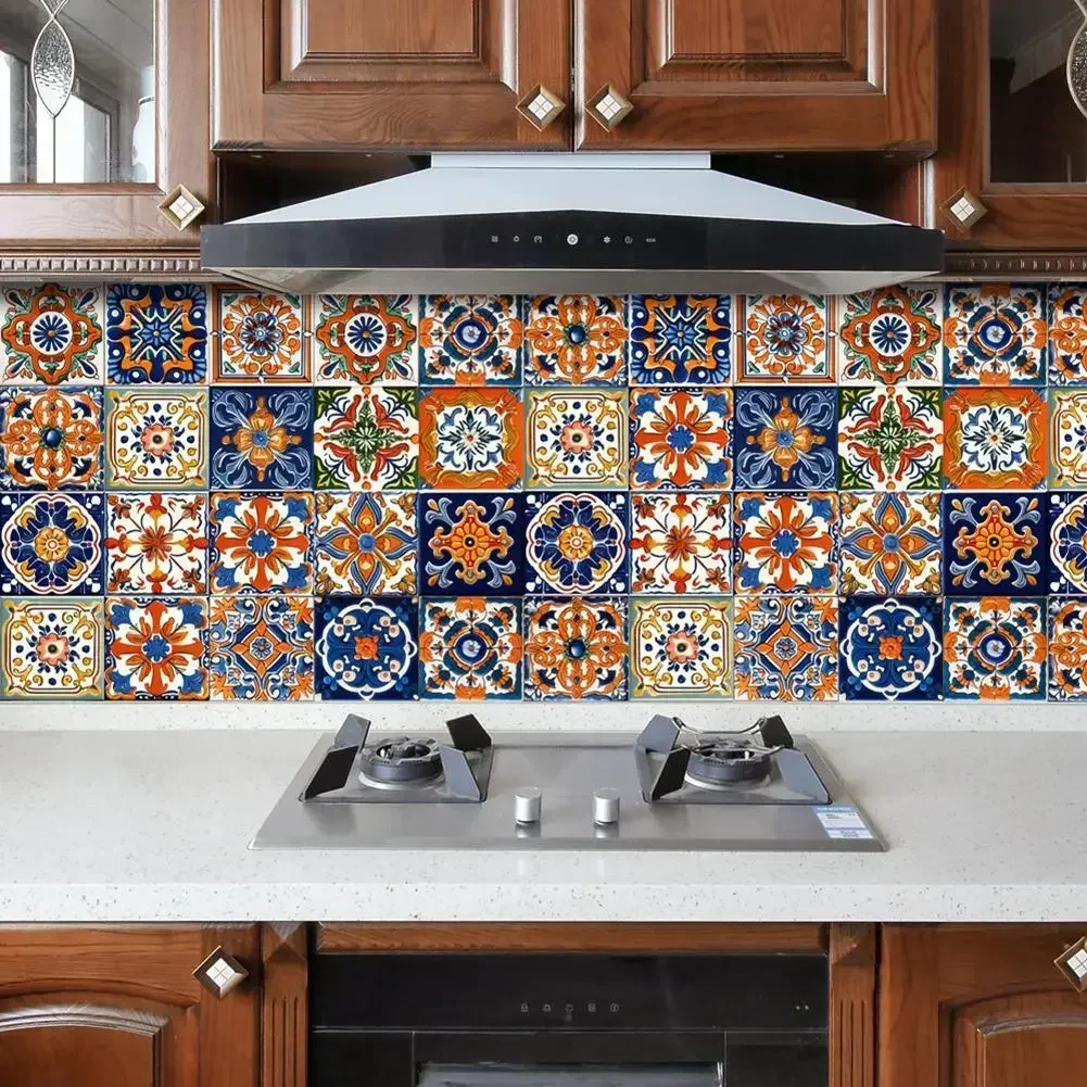 24pcs Morocco Style Colorful Retro Tiles Wall Sticker Kitchen Bathroom Tile Waist Line Wallpaper PVC Waterproof Art Mural