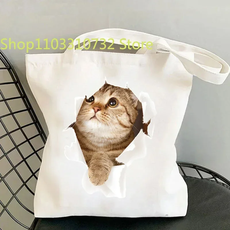 

White Bearded Cute Cat with Big Eyes Large Canvas Tote Bag, Simple Lightweight Storage Bag, All-Match Reusable Shopping Bag