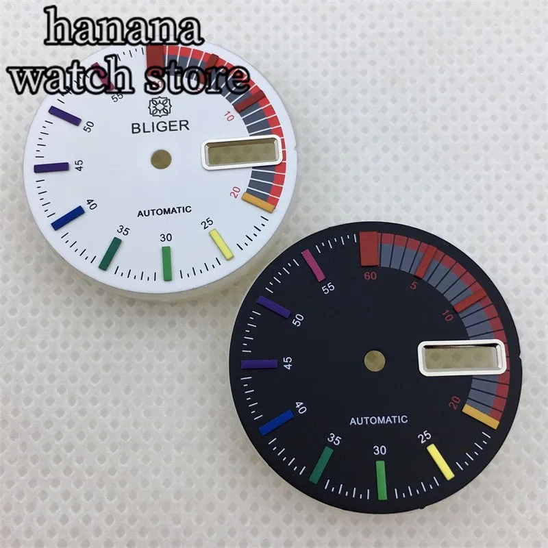 

Циферблат часов BLIGER NH36, 28,5 мм, черный, белый циферблат, радужные, многоцветные временные отметки, подходит для NH36 механизм, Корона 3 часа