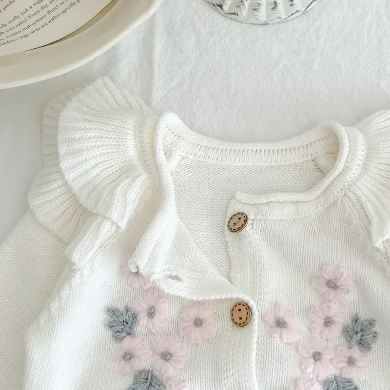 2pcs Fashion Girls Spring Autumn Clothes Set White Floral Knitted Cardigan and Romper Sweater Outfits for Infants Girl's Clothes 5