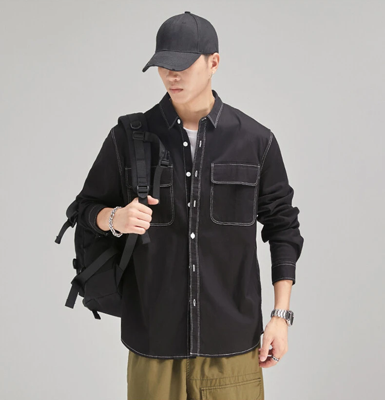 Khaki Cargo Shirt black   Mens Spring Plus Size Xxxl Boys Vintage Long Sleeve Button Up Top Casual Cotton Shirts for Man with white stitched trim