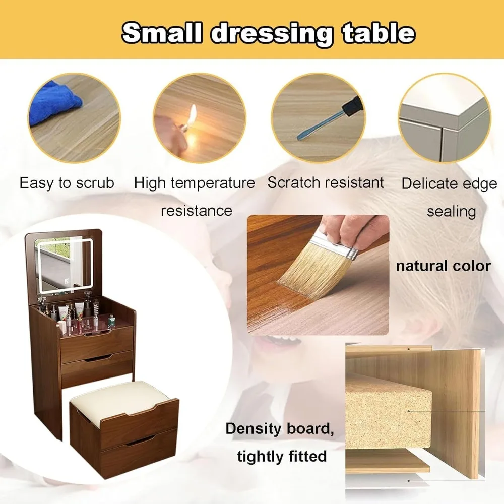 3 in 1 Vanity Desk with Flip Top Lighted Mirror, Compact Makeup Vanity with 3 Storage Drawers and Cushioned Makeup Stool 2