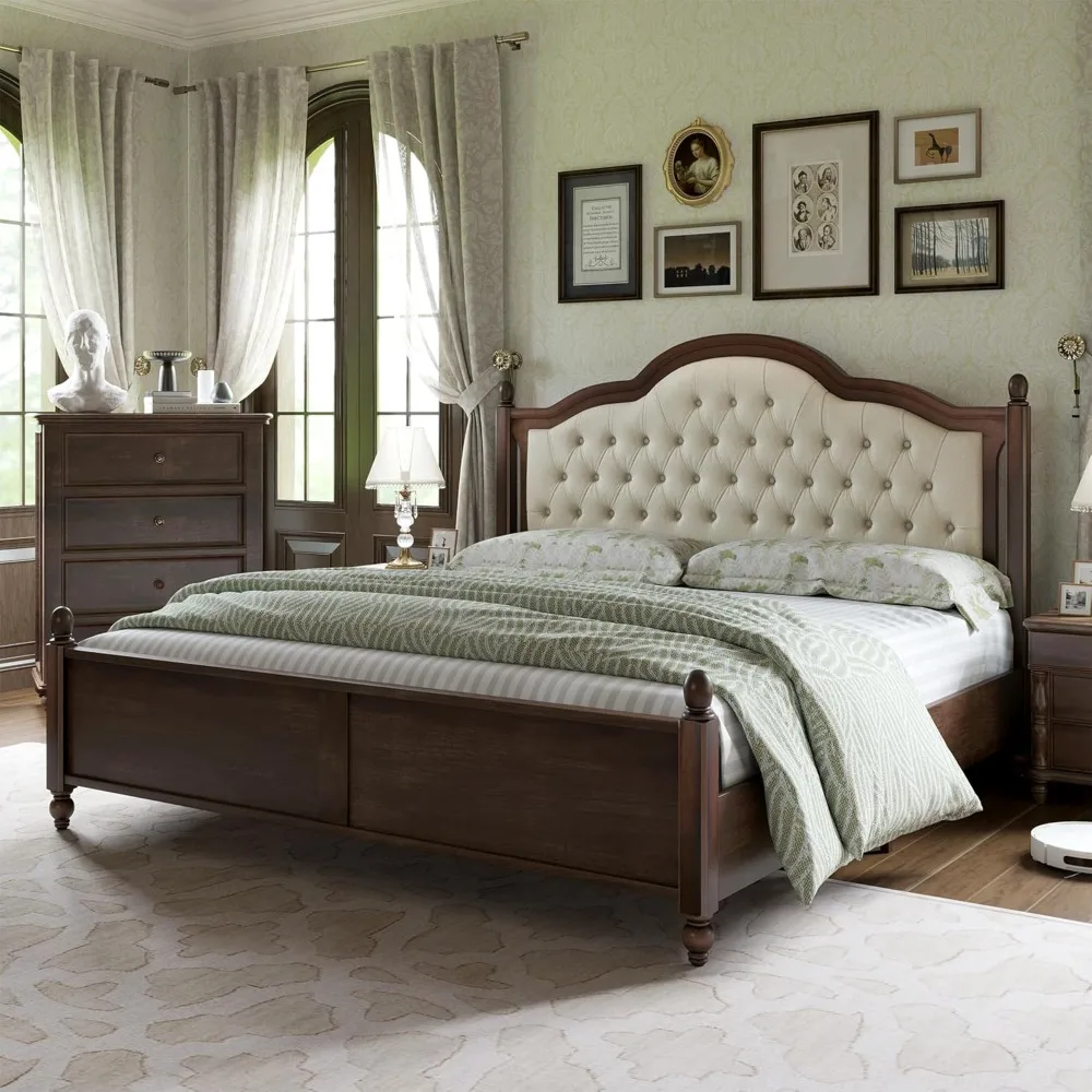 Queen Size Solid Wood Bed Frame,  Platform Bed with 52.5" Upholstered Tufted Headboard,Rubberwood,Bed Frames