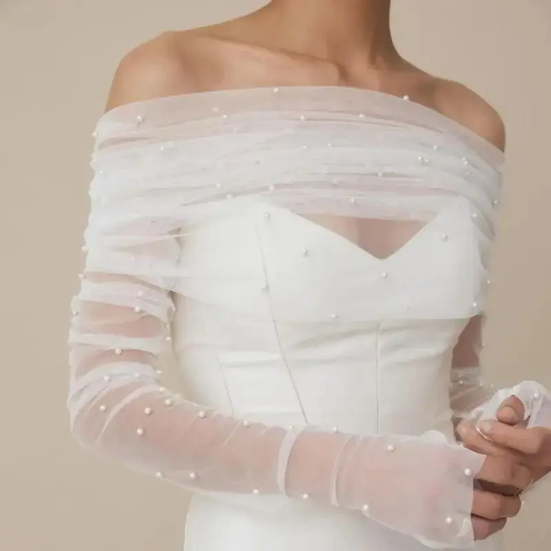 

VG73 Wedding Sleeves Detachable Bridal Wraps Jackets Pearls Beaded Top Wrap See-through Bolero Bachelorette Party Accessories