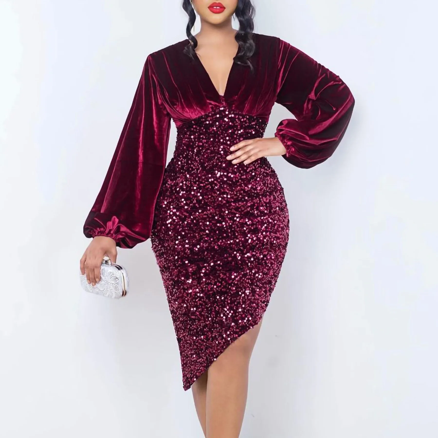 

Elegant Solid V Neck Lantern Sleeve Irregular Evening Hip Wrap Long Dress 2024 Spring Women Velvet Sequin Bodycon Party Dresses